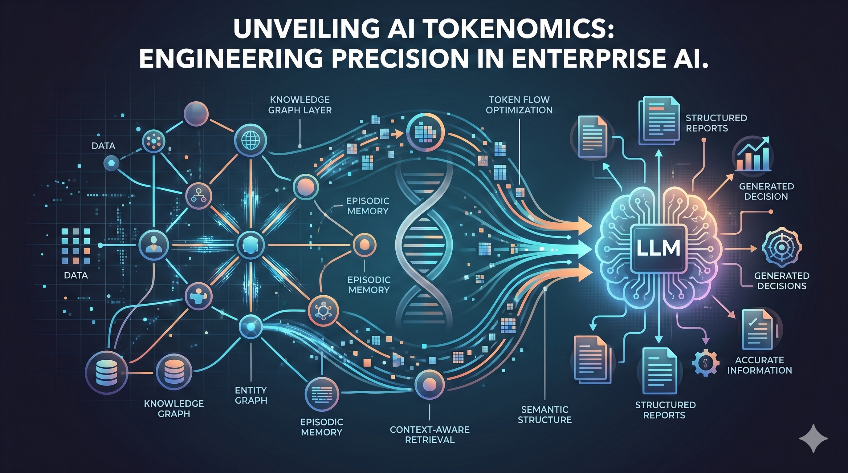 Diagram titled 'Unveiling AI Tokenomics: Engineering Precision in Enterprise AI' showing data sources flowing through a knowledge graph layer, entity graph, episodic memory, and context-aware retrieval into token-flow optimization and semantic structure, then into an LLM that produces structured reports, generated decisions, and accurate information